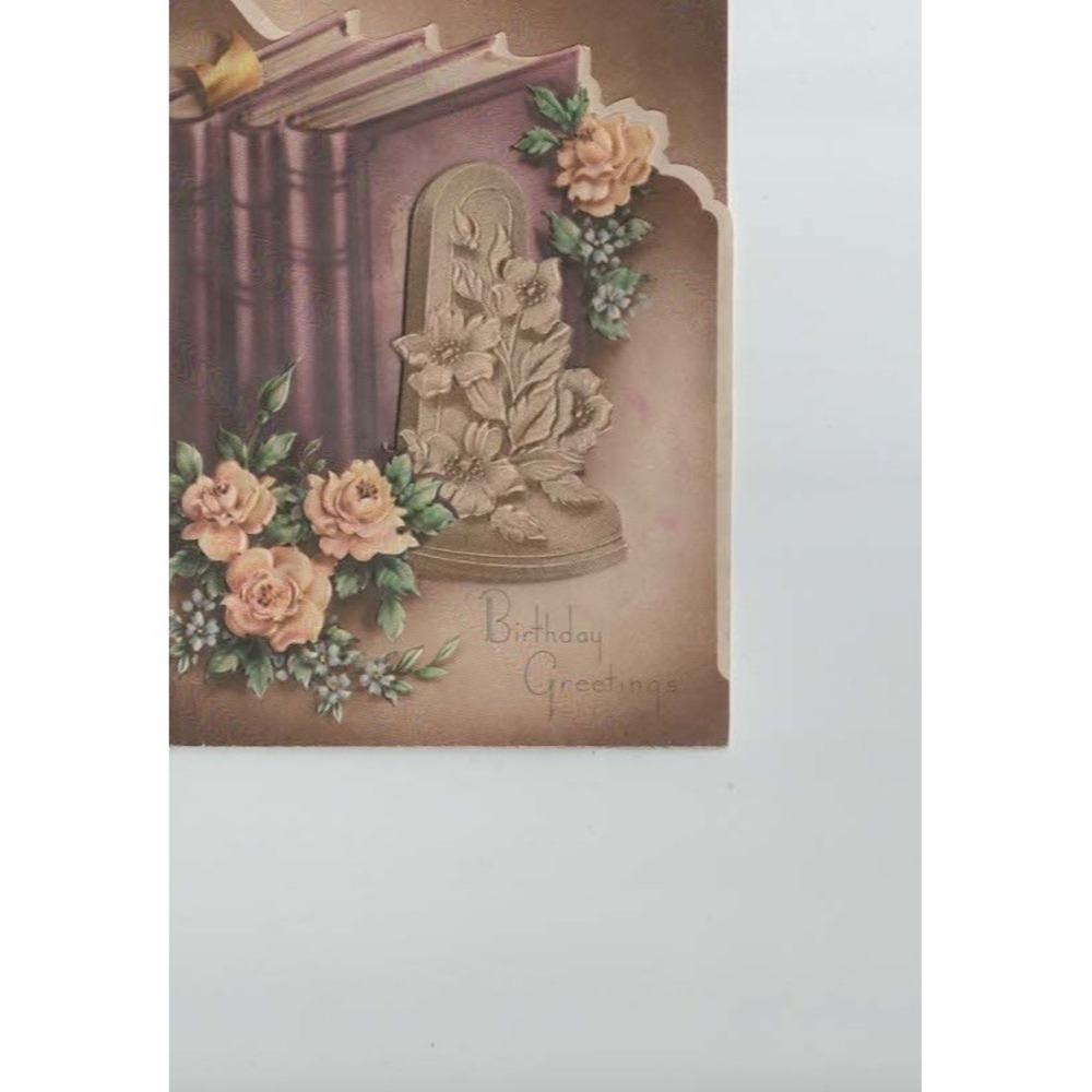 Vintage Die Cut Birthday Greeting Card Floral Bookends Scalloped Edge VG - Picture 1 of 2